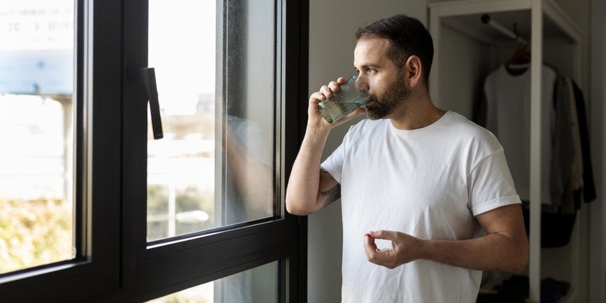 A man in a white t-shirt is looking out the window while holding a pill with his left hand and drinking a glass of water with his right 