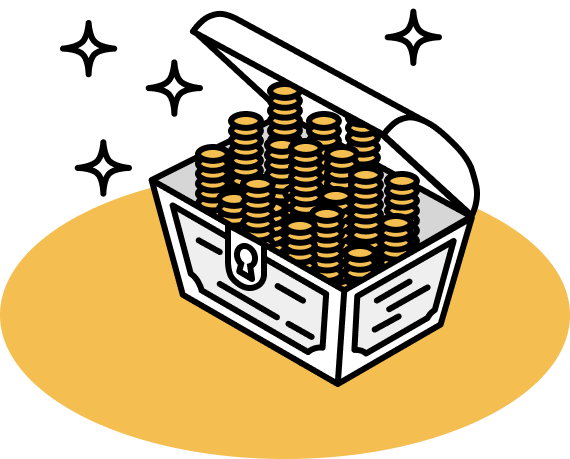 A graphic of a chest full of coins stacked high. The opened chest is sparkling.
